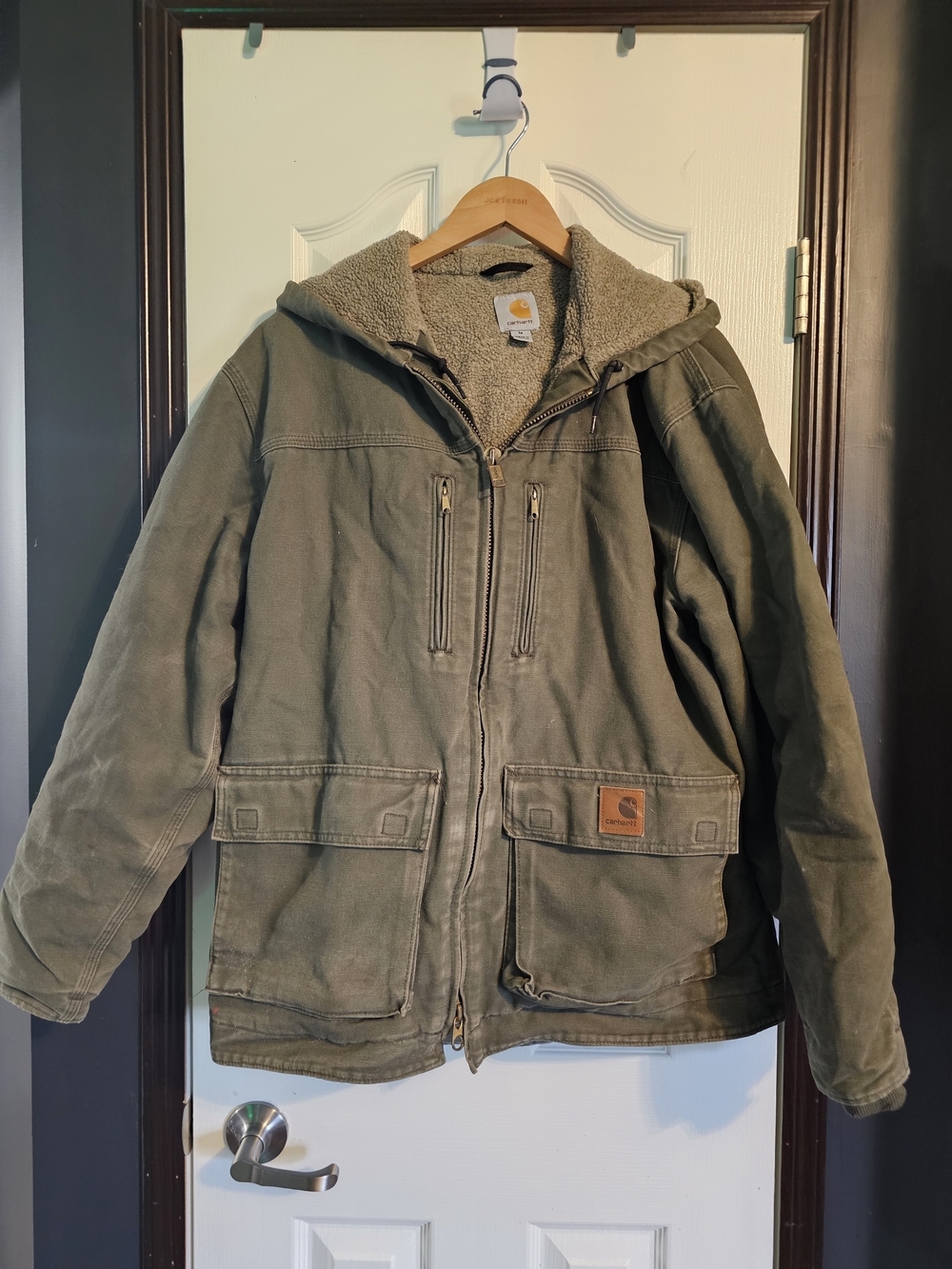Carhartt Olive Green Hooded Sherpa-Lined Work Jacket